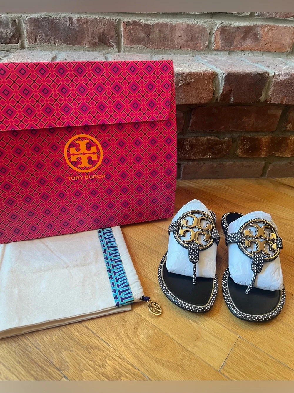 Tory Burch Black & White Leather Embossed Spotted Snake Metal Miller Sandals